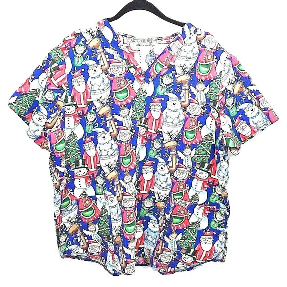 Santa Mrs Claus Scrub Top Christmas Elves Trees Reindeer Holiday Fun - Picture 1 of 6